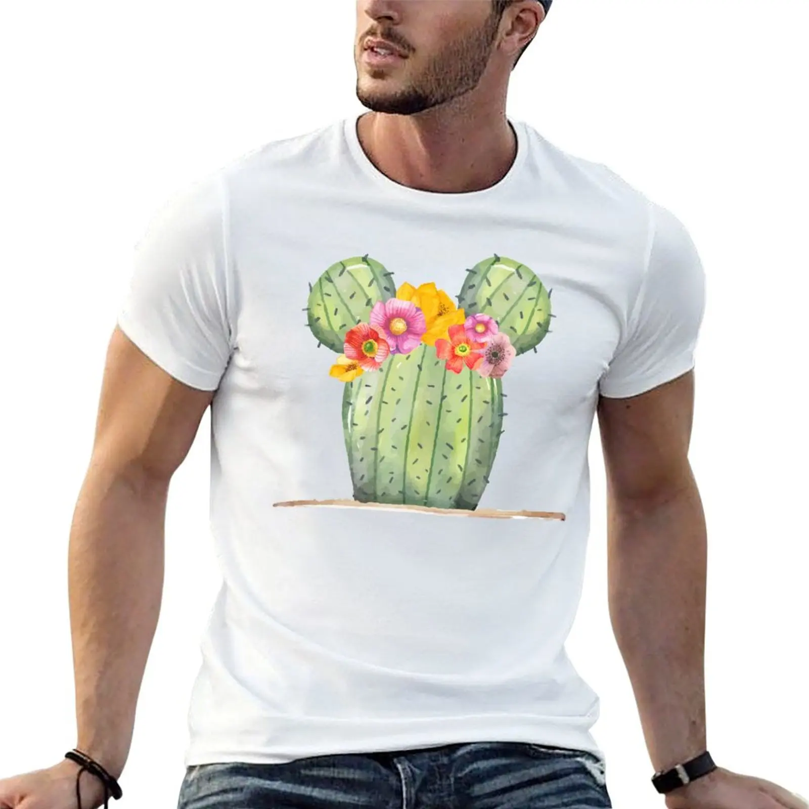Mouse Cactus with Floral Crown T-Shirt Fitness Quick Dry Short Sleeve Top