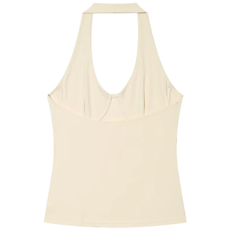 HXAO Halter-Top für Damen, Sommerliches Ärmelloses Crop-Top, Rückenfreies Bustier-Oberteil in Beige und Schwarz, Schulterfreies Korsett – Detail 3