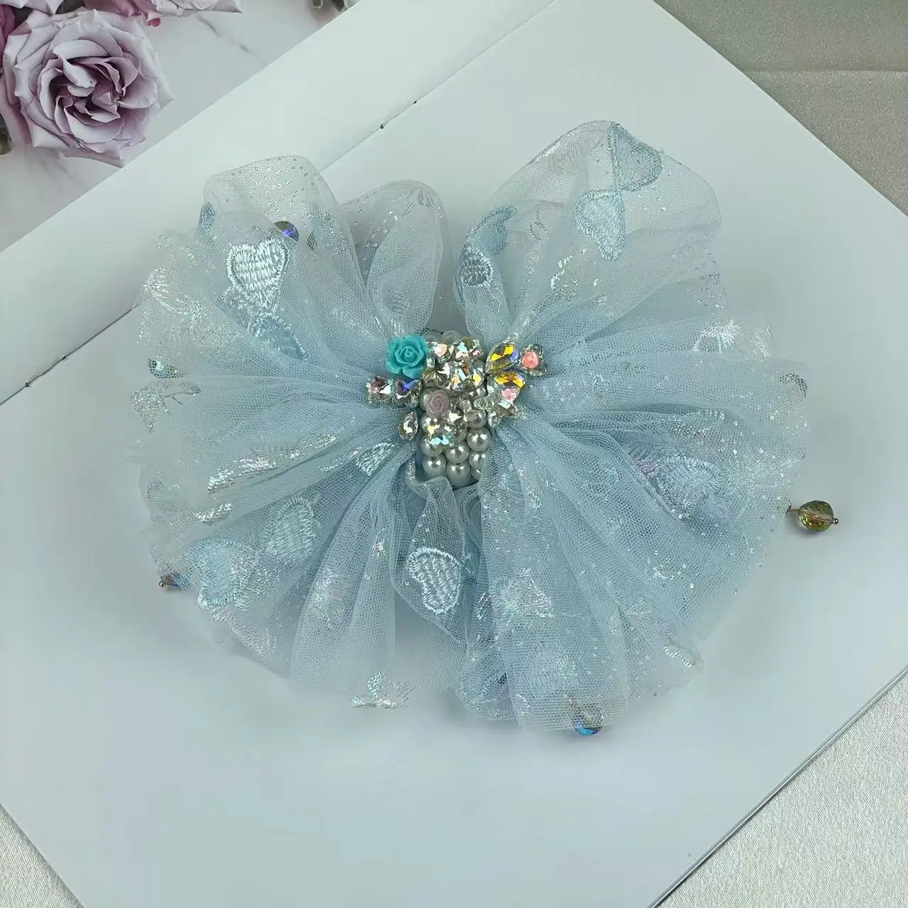 Horquilla original resistente con satén, diamantes de imitación, lazo de malla, accesorio para el cabello con clip de resorte elegante y dulce