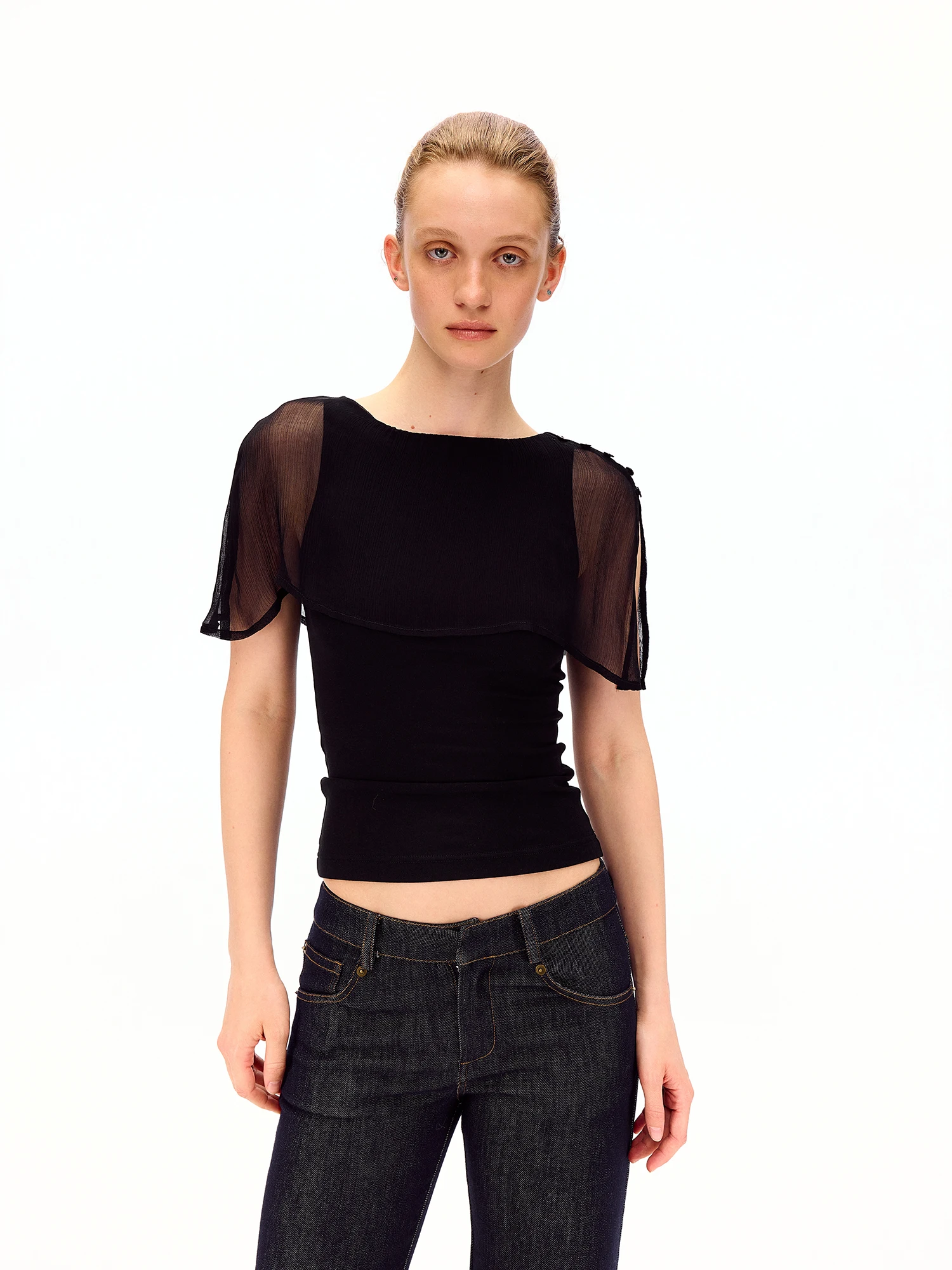 Curri And Silk Blend Slim Fit Shoulder Shawl Single Button Transparent Women's Top Fashionable Summer Modal Fabric round Neck