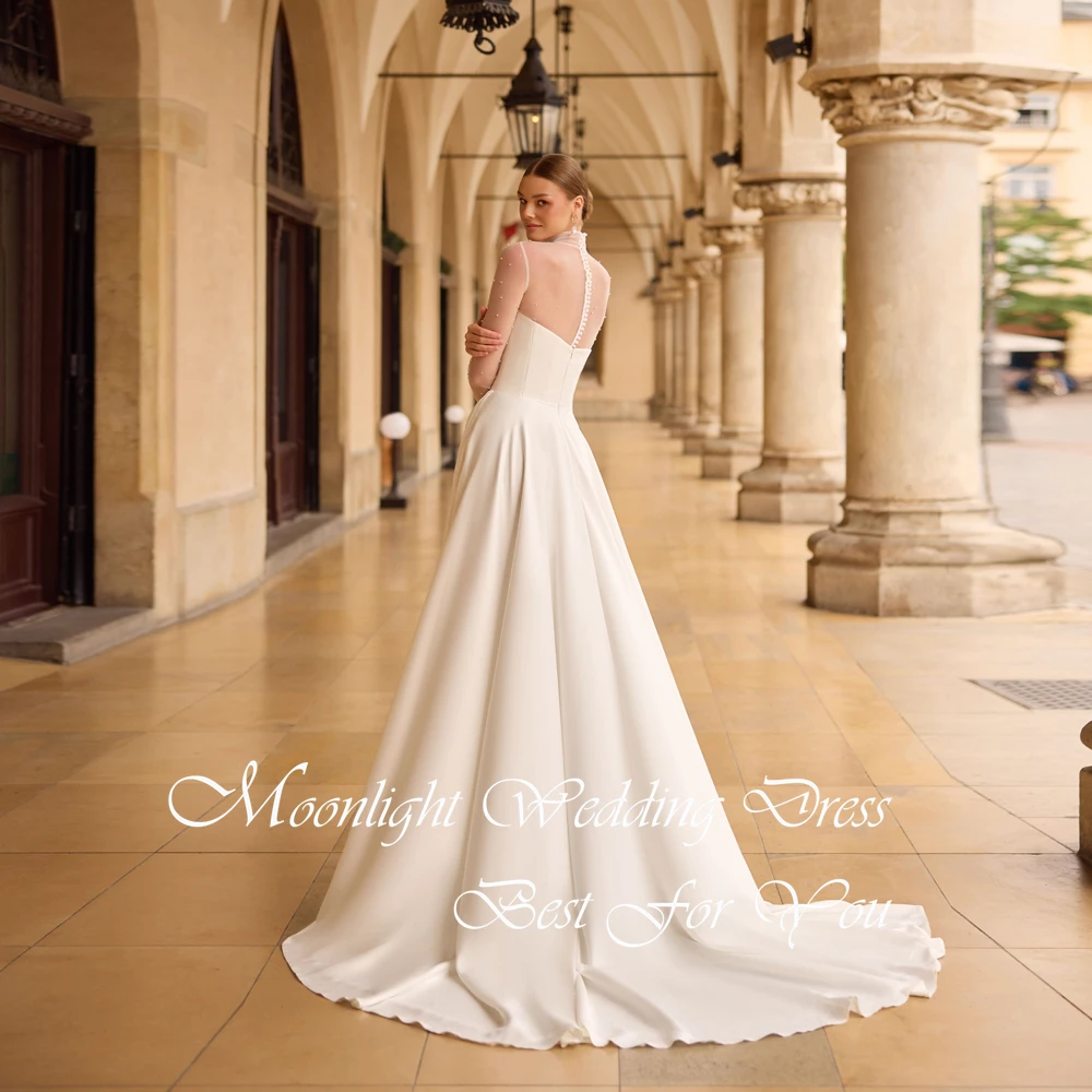 Vestido De Novia moderno De manga larga, corte en A, cuello alto, perlas, plisado, abertura lateral, ilusión en la espalda, Vestido De Novia personalizado