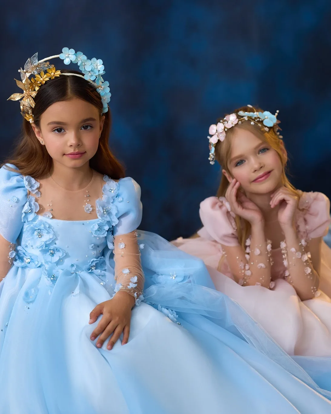 

Elegant Blue Flower Girl Dress Little Girls Wedding Birthday Party Gowns Beaded Long Sleeve First Communion Dresses Customized