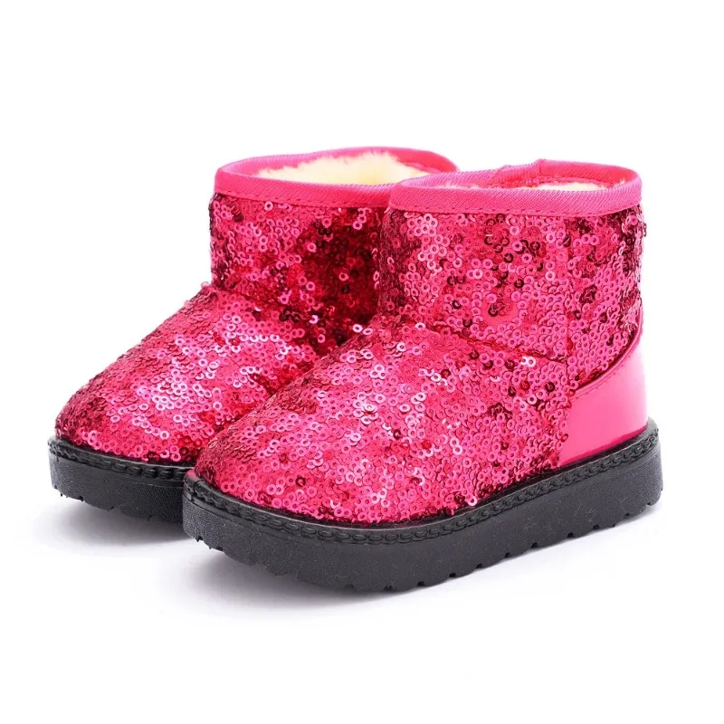 Botas cortas de algodón de lana para niños, botas de nieve bajas y gruesas para niñas, zapatos de algodón cómodos de Color sólido con lentejuelas cálidas para niños