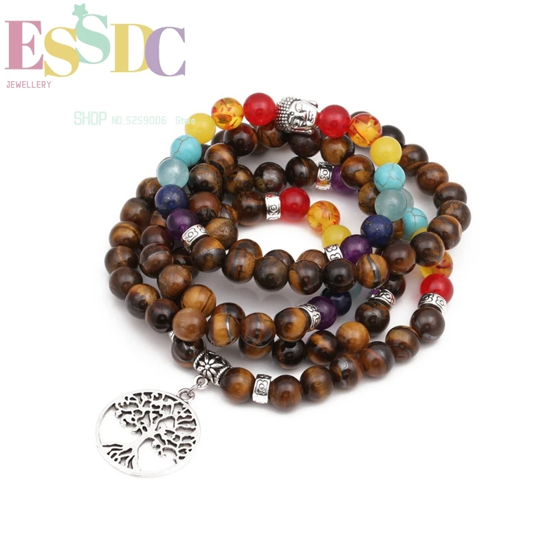 Natural Tiger Eye Stone 108 Beaded Mala or Bracelet Seven Color Chakra Yoga Tree of Life Pendant Long Necklace Dropship