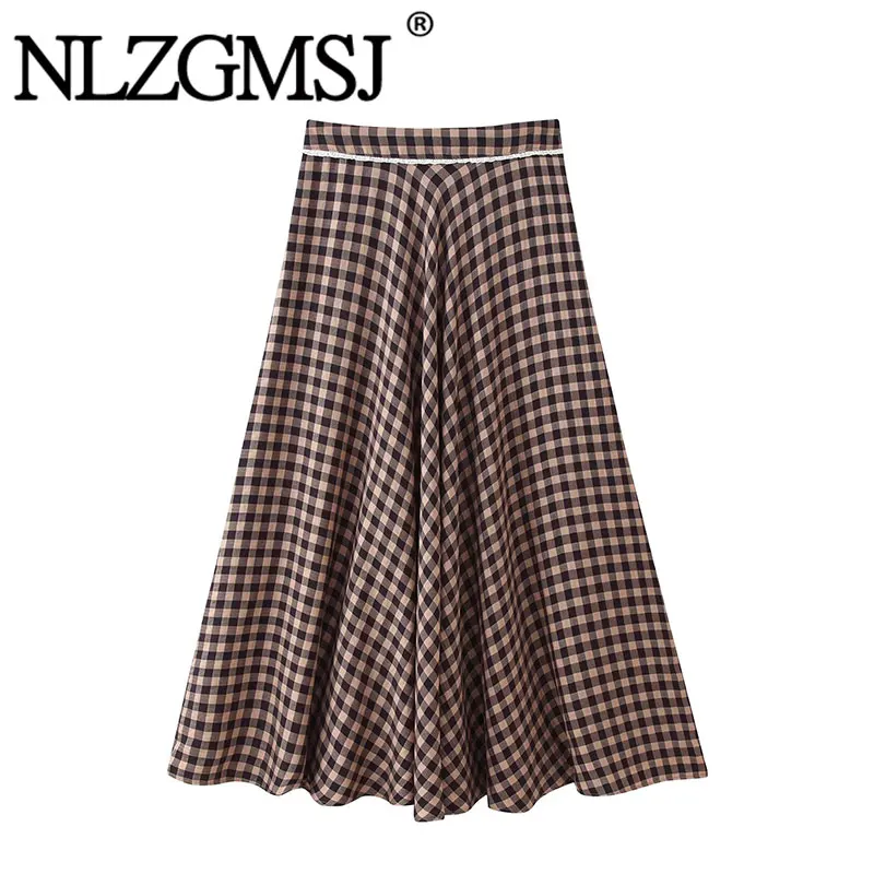 NLZGMSJ 2026 Spring Vintage Casual Chic Women Skirt Plaid Zipper Long A-Line Skirt New Fashion Holiday Female Long Skirt