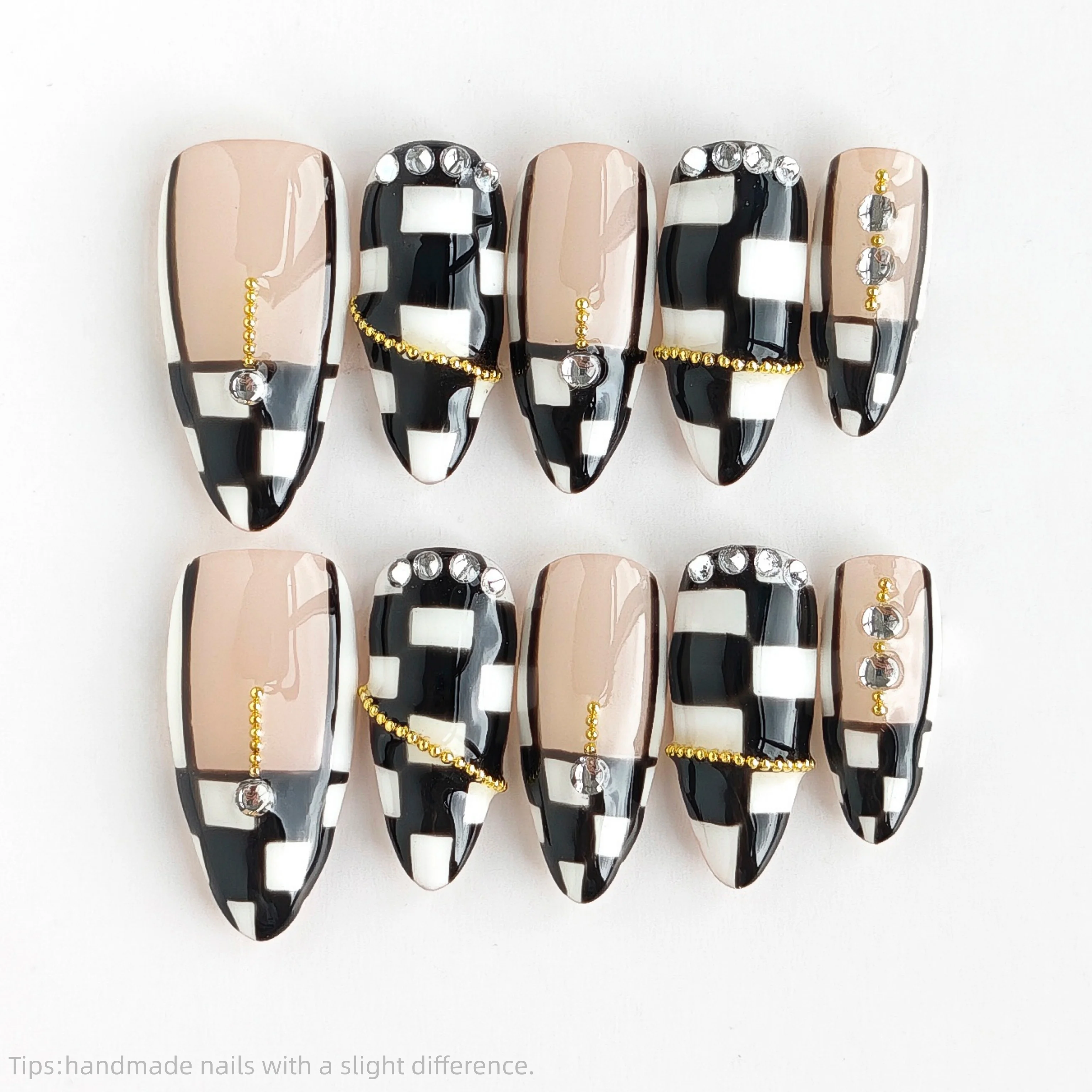 10Pcs Handmade Press on Nails Y2K Black White Checkerboard Rhinestone Almond False Nails Cool Style Wearable Reusable Fake Nails