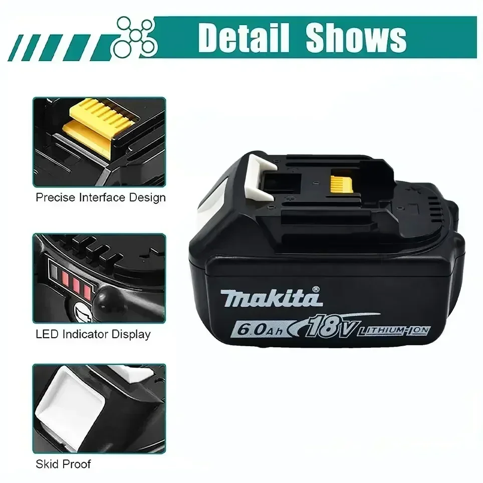 Original Makita 18V 6Ah rechargeable battery, LED displays battery level, for Makita BL1830 BL1840BL1860B BL1850 power tools