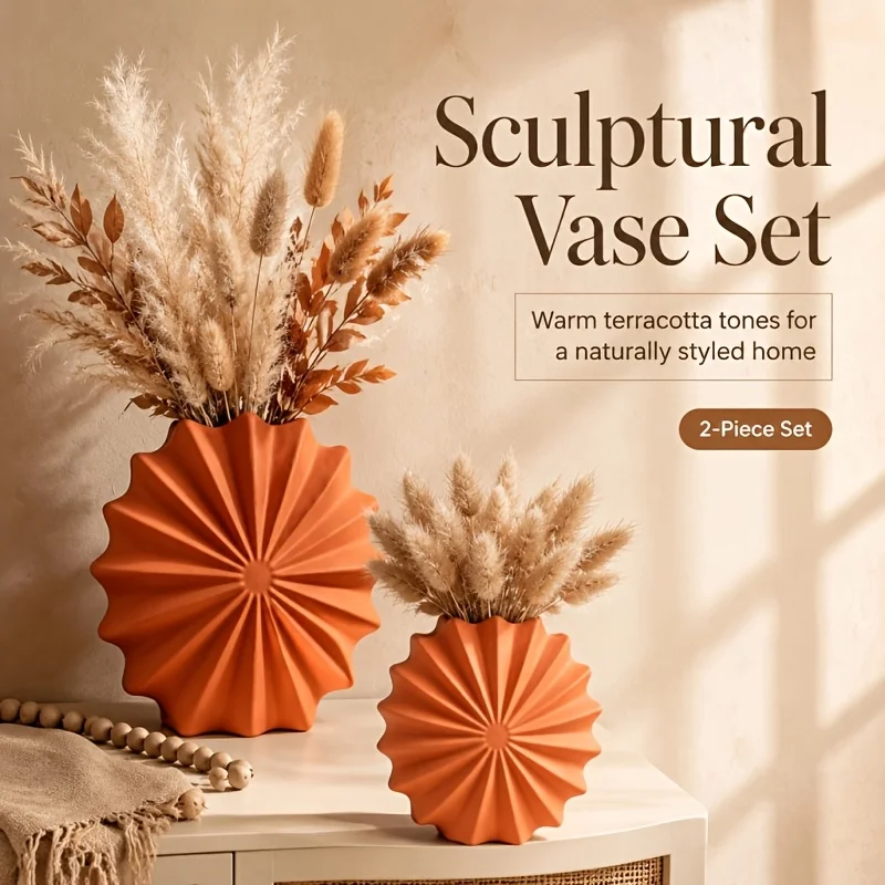 2Pcs Matte Radiating Fluted Disc Vase Set, PLA 3D Printed Minimalist Boho Dried Flower Holder for Desktop Shelf Home Decor Gift