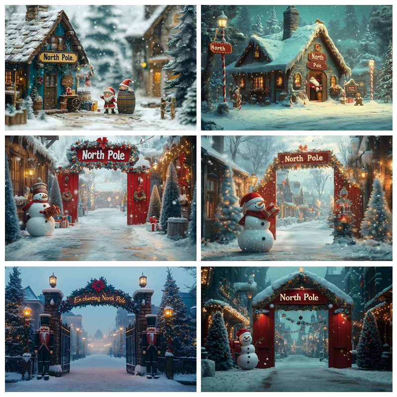 Fondo de Navidad de poste norte, árbol de Navidad, escena de nieve, accesorios de fondo de fotografía, decoraciones de fiesta de Nochebuena familiar, pancarta de Año Nuevo