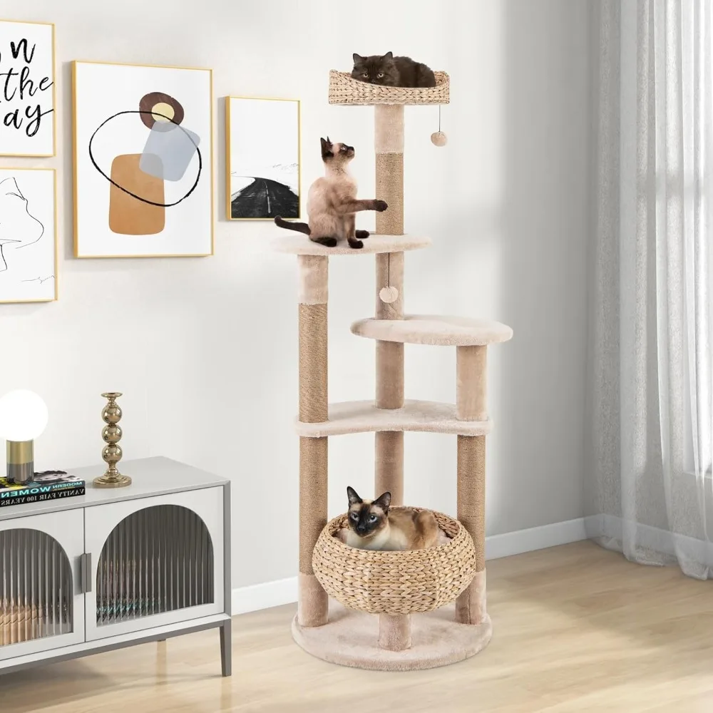 

Modern Cat Tree, 65 Inch Tall Cat Tower with Jute Scratching Posts, Dangling Balls, Cattail Basket Bed & Top Perch, Customized