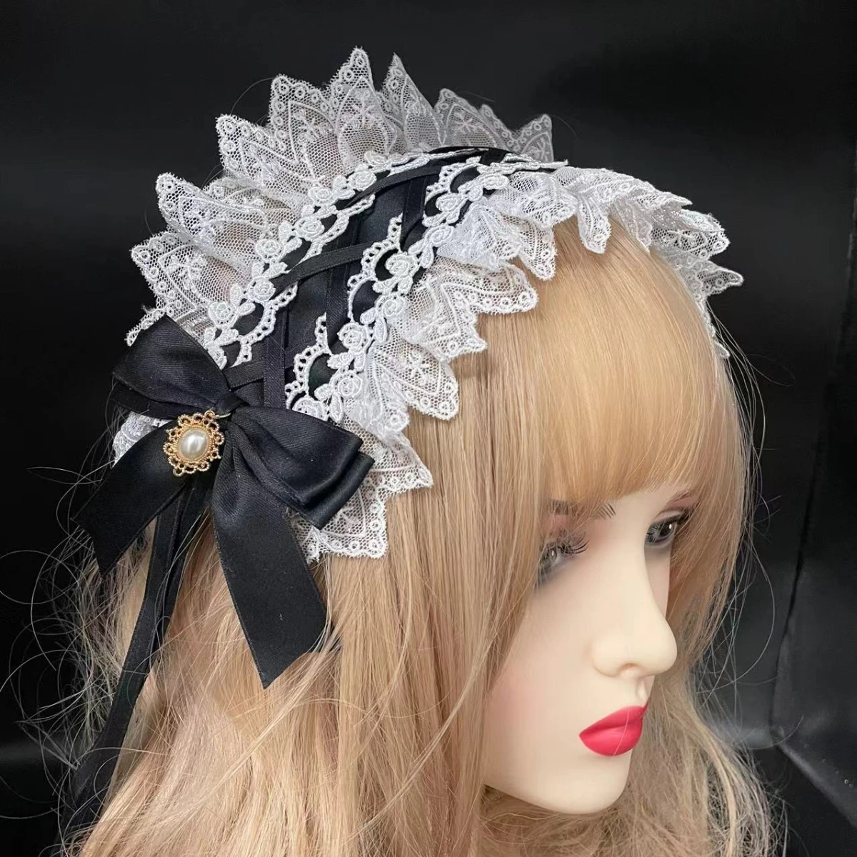 

Lace Ribbon Bow Hairband with Hairpins Lolita Ruffled Headband Sweet Star Embroidery Anime Maid Cosplay Headdress
