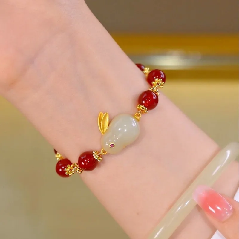 Lucky Red Bead Rabbit Bracelet for Women Exquisite Chinese Style Blessing Pendant Bracelet Valentine's Day Jewelry Gift