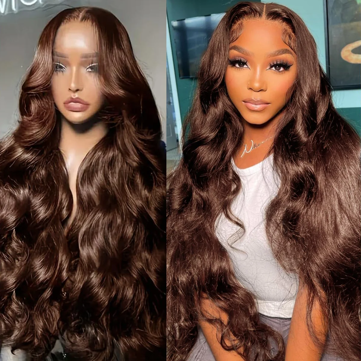 # วิกผมบราซิลแท้สำหรับผู้หญิง สีน้ำตาลช็อกโกแลต 4 เฉด ขนาด 36 นิ้ว ความหนาแน่น 220% แบบลอน Body Wave  พร้อมฐานลูกไม้โปร่งใส HD ขนาด 13*6 และ 13*4