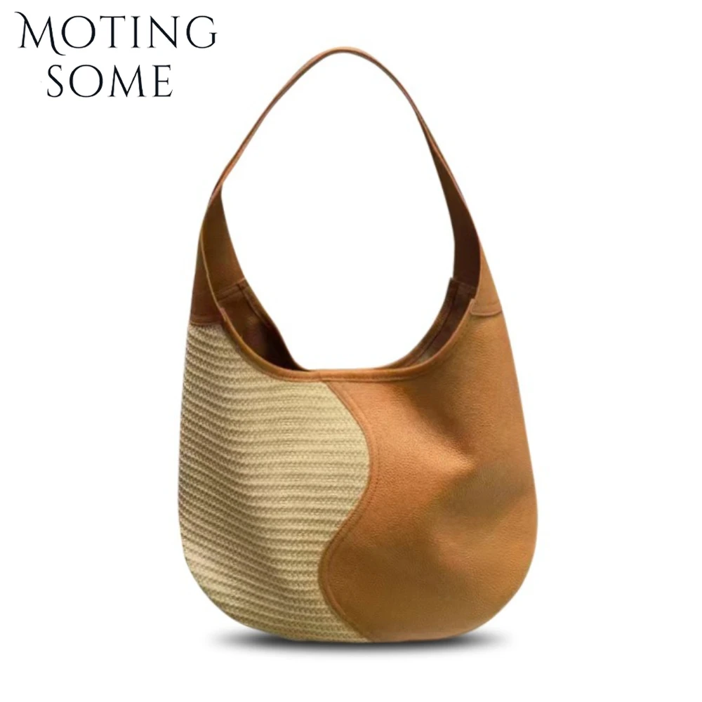 

Motingsome Luxury Designer Bags Woman 2025 Summer Large Capacity First Layer Cowhide Patchwork Straw Woven Shoulder Bucket Tote