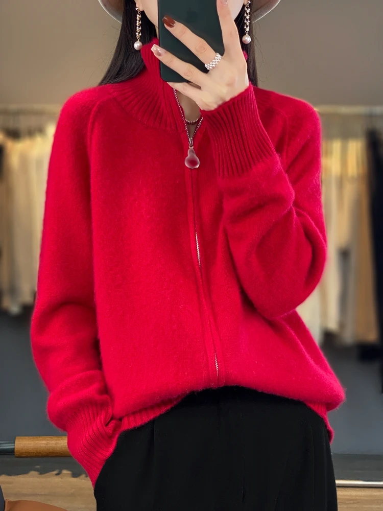 Wool Sweater Cardigan Women Turtleneck Long Sleeve Tops Zipper Fashion Loose Autumn Winter New Knitted Warm Outerwear Cardigan