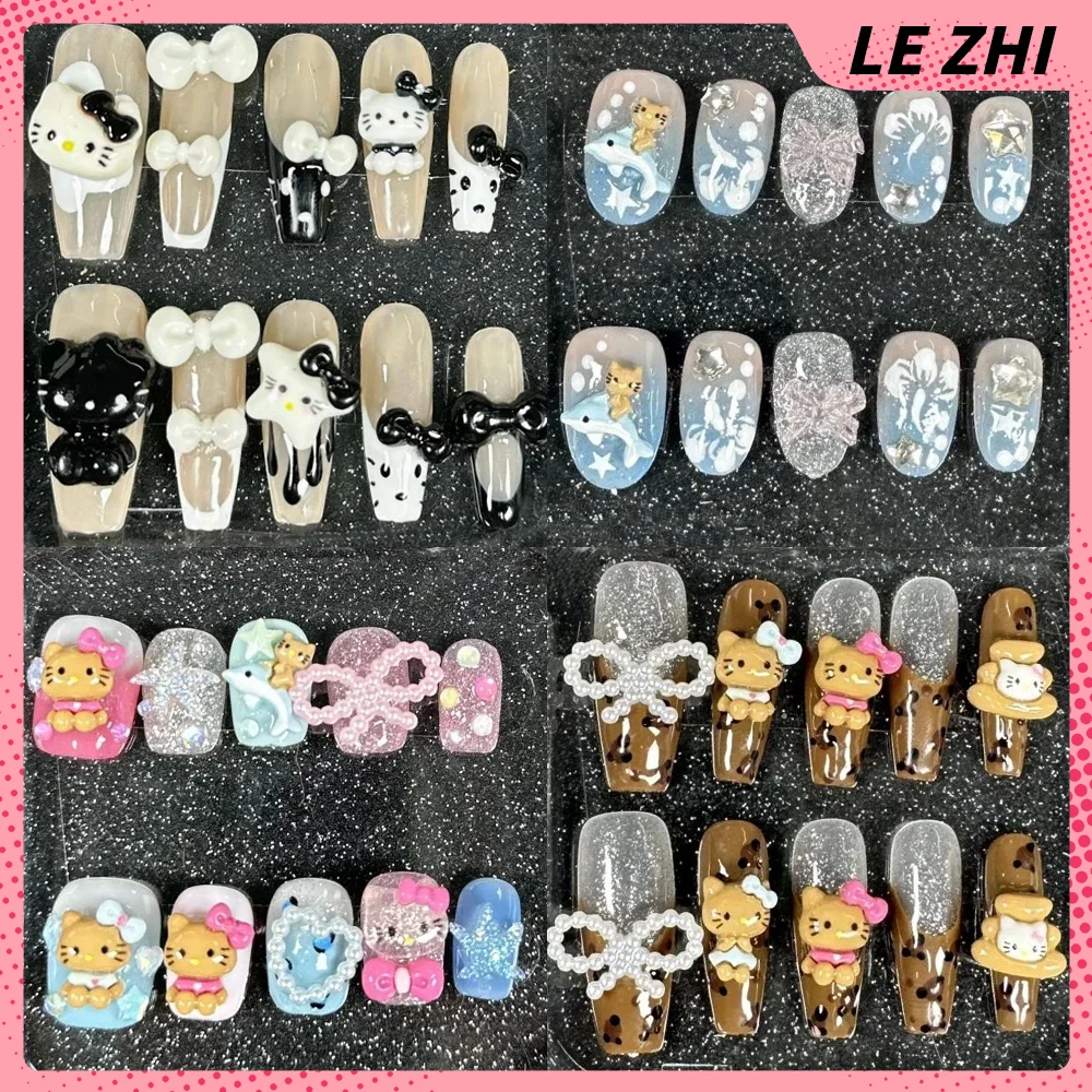 Handmade French 10Pcs Hello Kitty Party Nail Sticker Cartoon Kawaii Kuromi Bowknot Repeated Use Party Nail Sticker Gifts