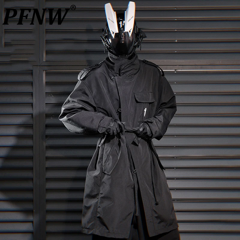 PFNW Autumn Tide Oblique Single-breasted Stand-up Collar Windbreaker For Men Loose Casual Workwear Long Coat Black Trench12C1470