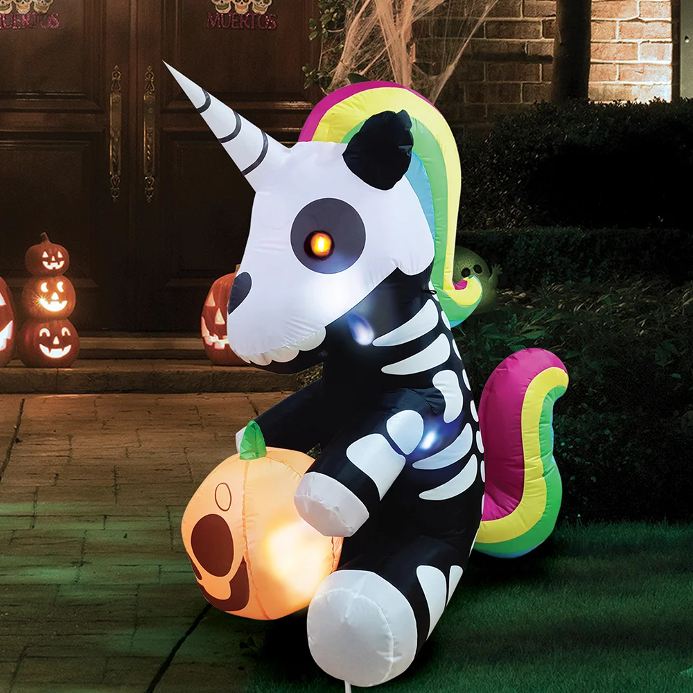 5 FT Tall Skeleton Unicorn Halloween Inflatables Skeleton Decor Outdoor Blow Up Decorations Sitting Skeleton Unicorn with LEDs for Halloween Decorations Outside Yard Decor