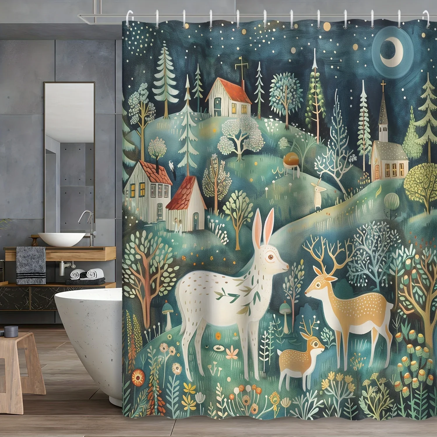 

Занавеска для душа «Волшебный лес» — олень и лисы в волшебном лесу, висит на стене гостиной, украшение для спальни