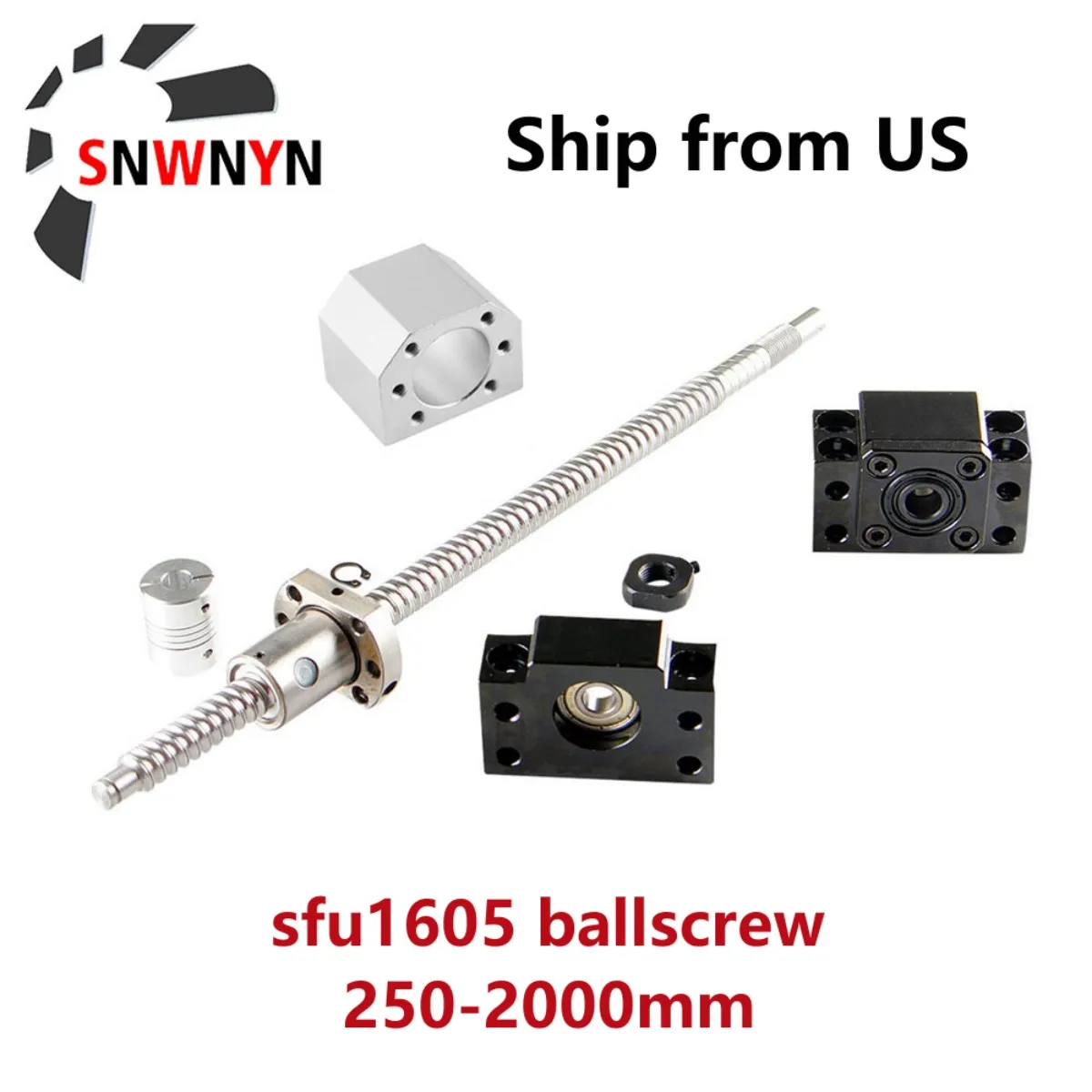 

US Free Shipping RM1605 Ballscrew SFU1605 Set Rolled Ball Screw With End Machined+Ballnut+Nut Housing+BKBF12 End Support+Coupler