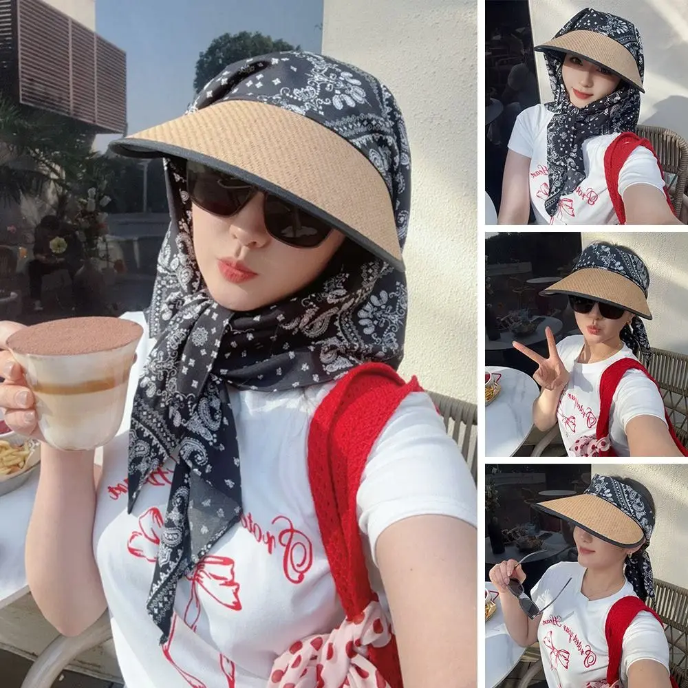 Fashion Empty Top Summer Beach Hat Korean Breathable Headscarf Sunscreen Hat Anti-UV Portable Straw Cap Women Girls