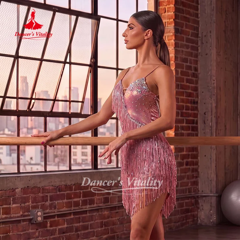 Adult&Teenagers Latin Dance Pearl Bead String Decoration Tassels Dress Custom Women Samba Rumba Jive Clothing Dancer's Vitality