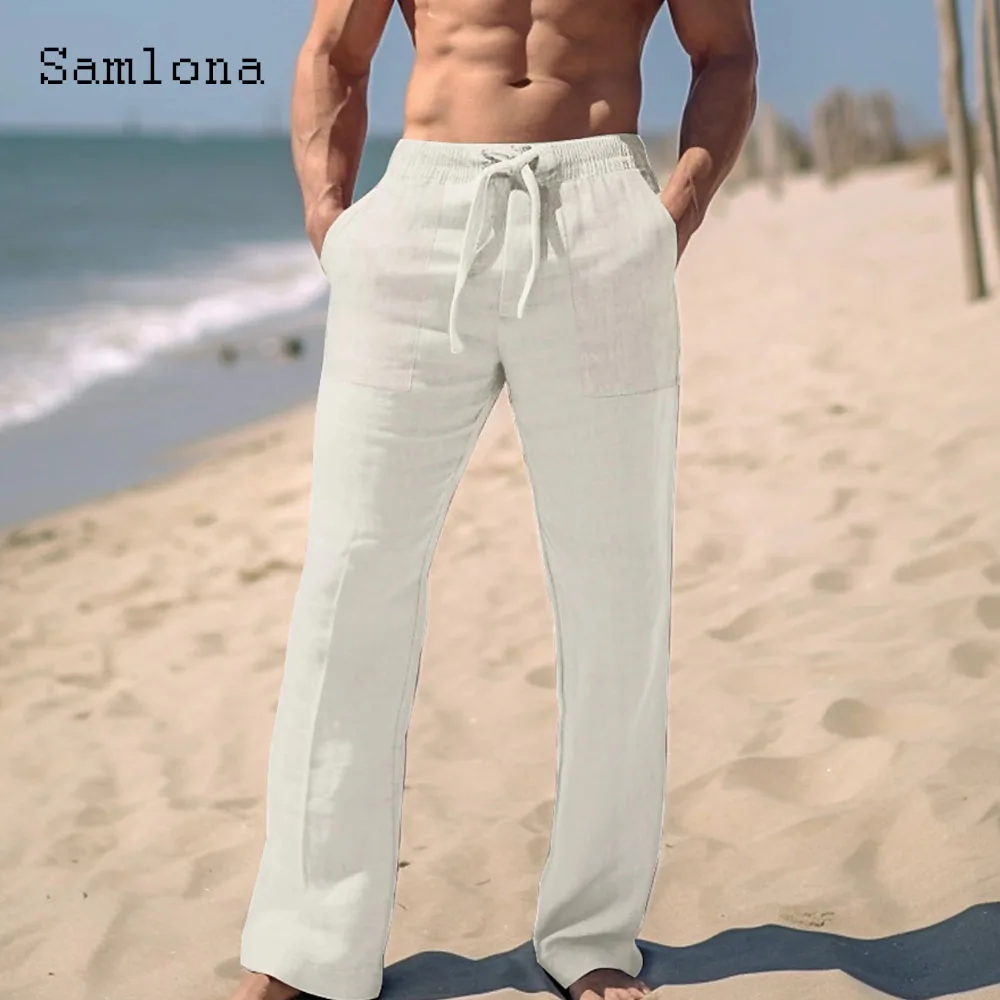 

Europe Style 2024 New Drawstring Cotton Linen Pants Solid White Black Full-Length Trouser Plus Size Men Casual Beach Sweatpants