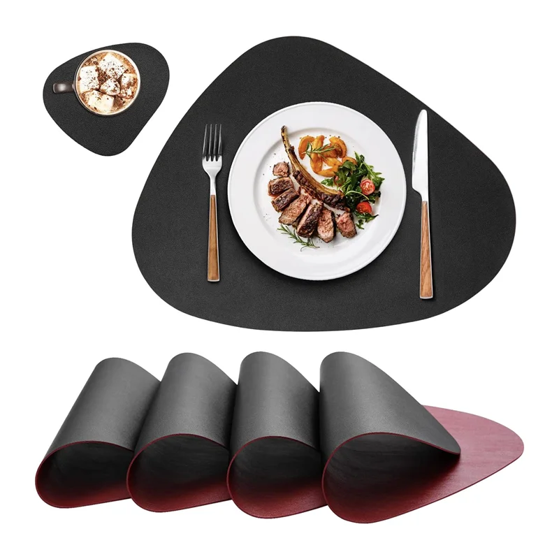 Placemats and Coasters 4 Sets, Placemats, Washable Plastic Round,Table Decoration Dining Table, Placemats Black + Red