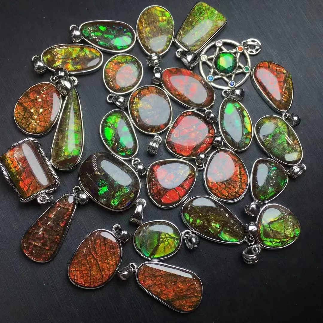 

Unit One Piece 925 Silver Buckle With Good Sale Natural Ammolite Crystal Healing Random Shape Pendant For Gift