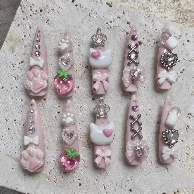 Nuevas 10 piezas de uñas postizas de princesa gato, rosa y blanco, Y2K, suaves y lindas, para chicas, subcultura, desmontables, herramientas de manicura 2