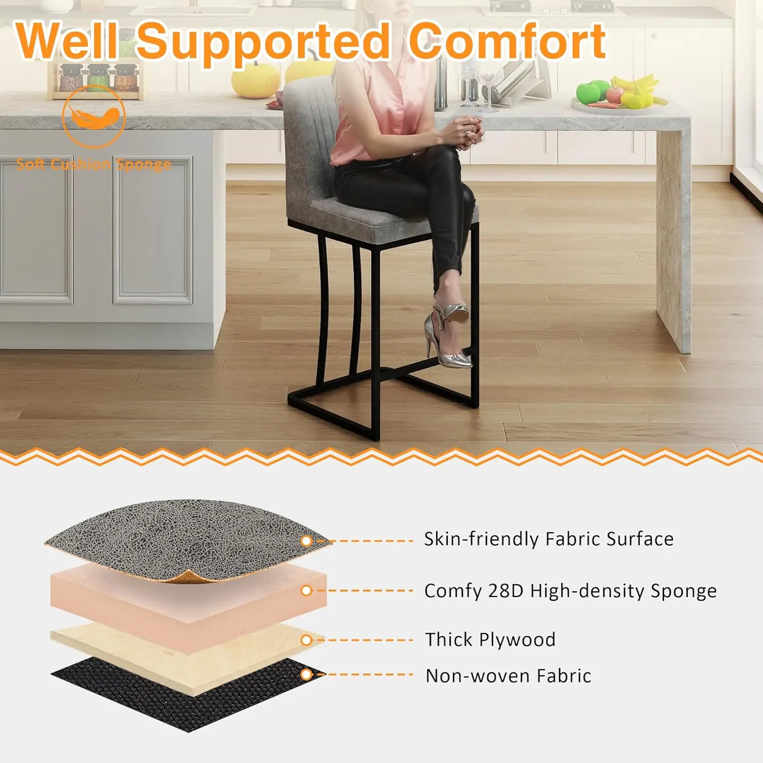 طقم مقاعد بار منجدة مقاس 24.8 بوصة مكون من 4 قطع، كراسي جزيرة المطبخ الحديثة مع مسند للقدمين، أرجل معدنية سوداء، رمادي