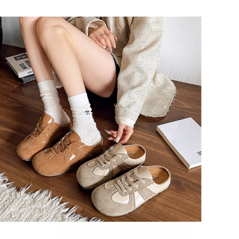 Primavera y otoño nueva moda versión coreana un pedal estilo Retro medias zapatillas prendas de vestir exteriores de mujer zapatillas frescas de suela gruesa 2025