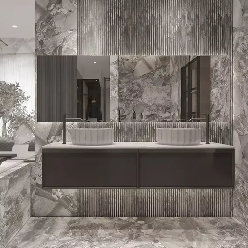 Modern Hotel Bathroom Vanity Combo LED Touch Illuminate Mirror MDF Construction Lacquer Finish 2-Year Warranty