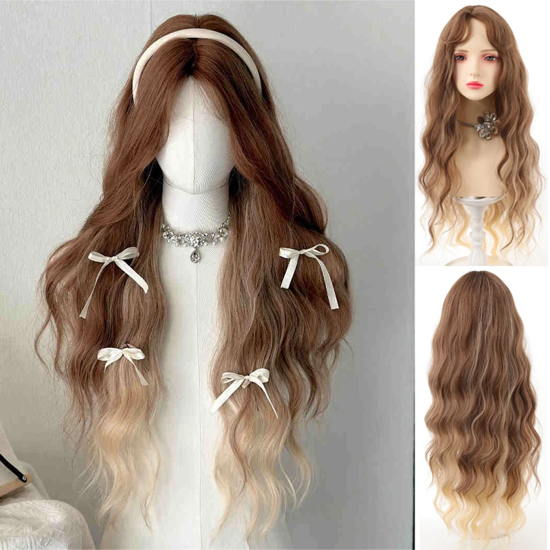 

A full wig with lace brown gradient long curly hair in front of the hand hook
