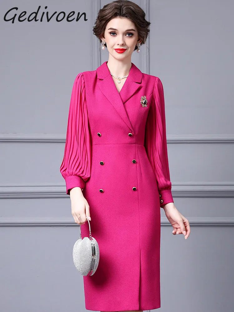 Gedivoen Autumn Fashion Runway Rose Red Vintage Dress Women Lapel Brooch Button High Waist Package Buttocks Slit Slim Long Dress