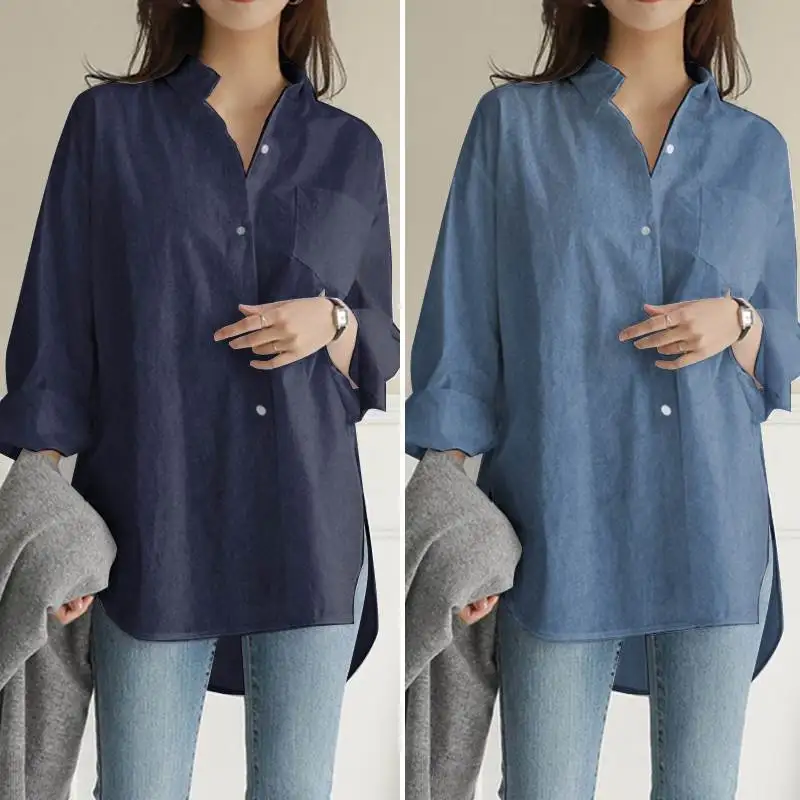 

Fashion autumn blue shirt women's asymmetric top casual long sleeve blusas women's button down bottoms