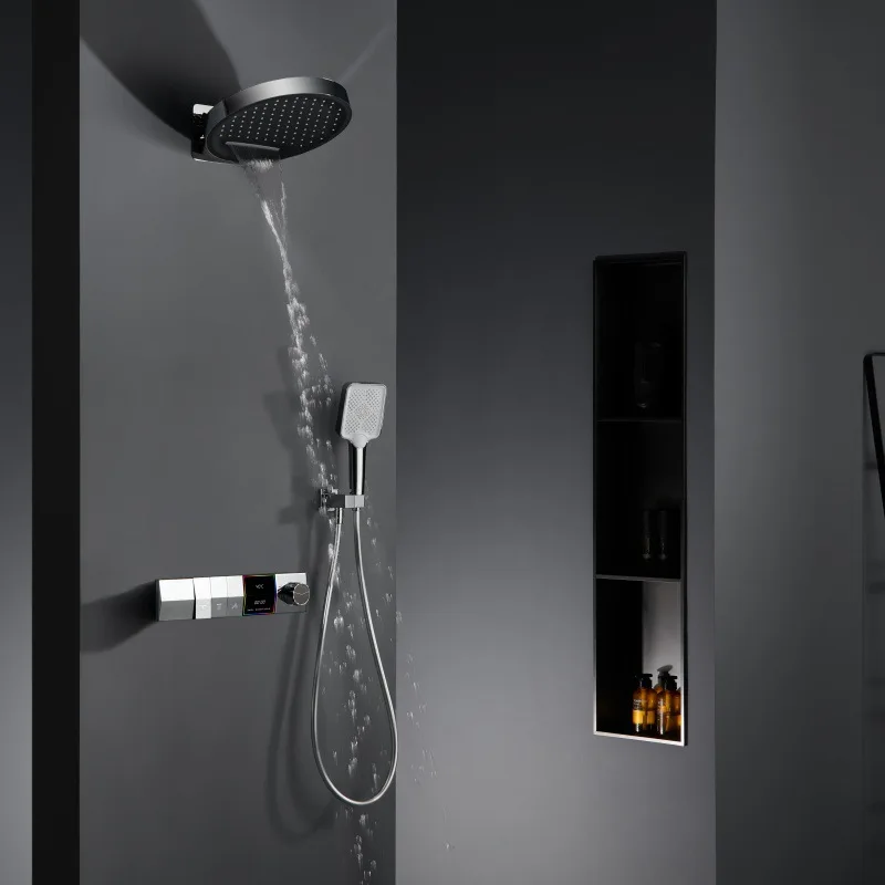 Gunmetal Gray Full Brass Concealed Waterfall Shower with Thermoplastic Digital Display Built-in Temperature-controlled Shower