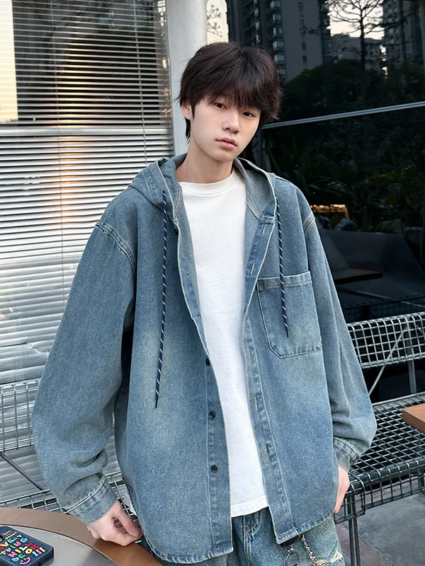 

Винтажная мужская джинсовая куртка с капюшоном в стиле рабочей одежды, модная американская ретро-модель, свободный крой, весна-осень