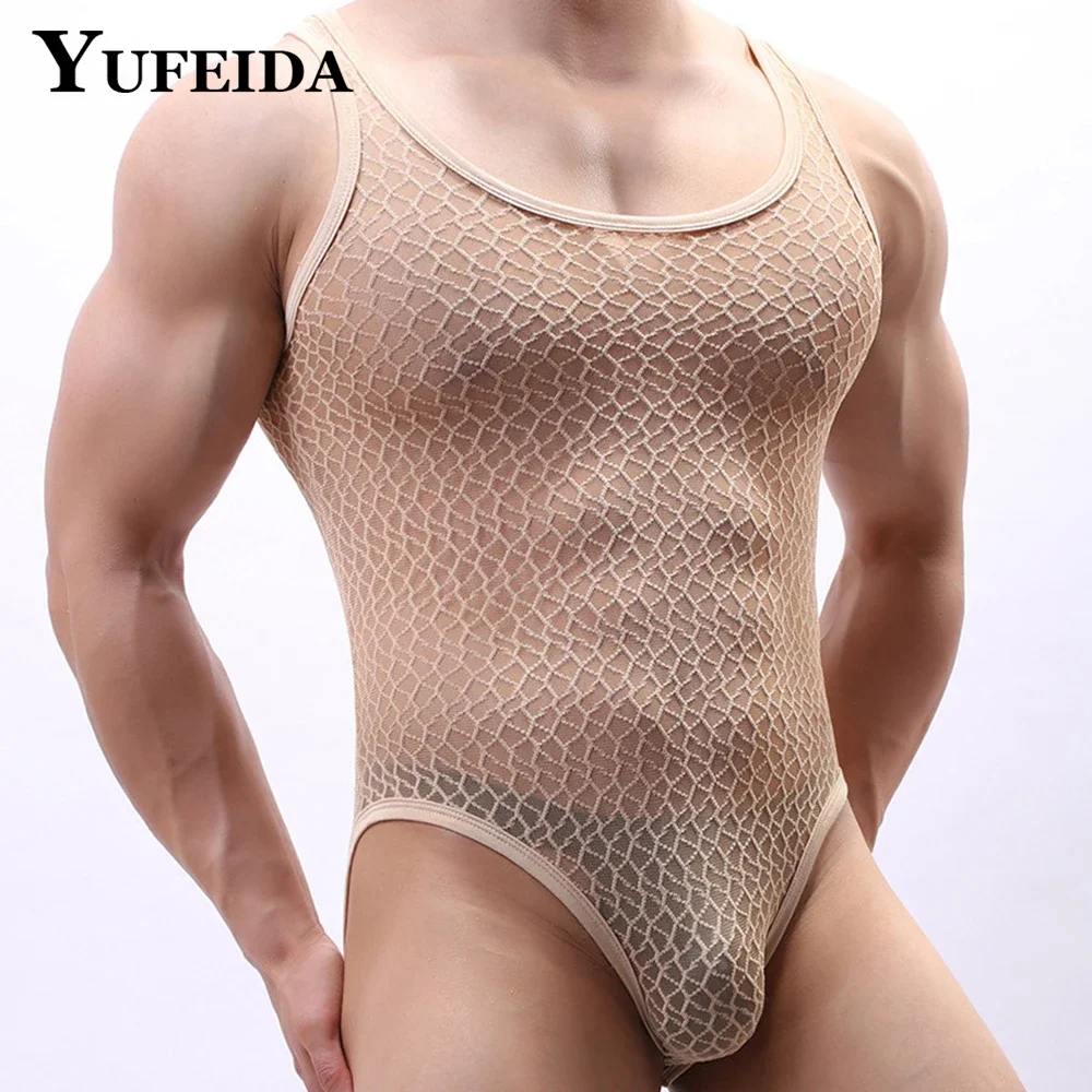 

YUFEIDA Mens Sexy Mesh Sheer Leotard Sissy Solid Breathable Transparent Bodysuit Sheer Jockstrap Bulge Pouch Gay Erotic Lingerie