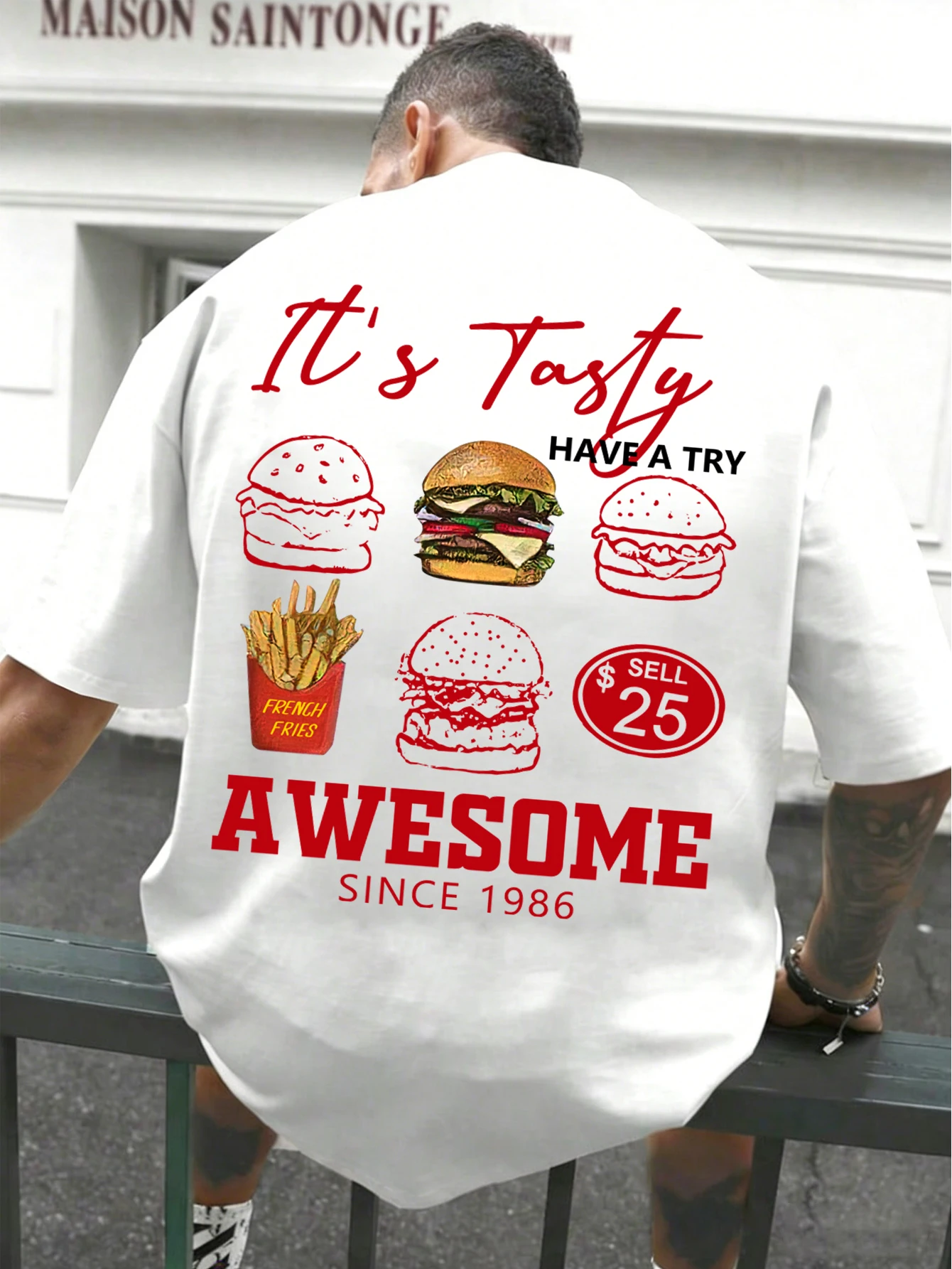 Camiseta Manfinity Homme para Hombre, Estilo Urbano Retro, Diseño Gráfico con Patrón de Hamburguesa, Camiseta de Punto Holgada de Manga Corta