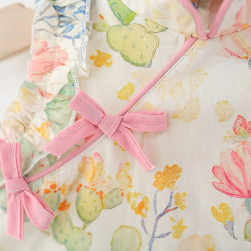 Summer Kids Dresses For Girls China Style Cheongsam Fashion Cute Bow Flowers Print Sleeveless Cotton Toddler Princess Dress B150