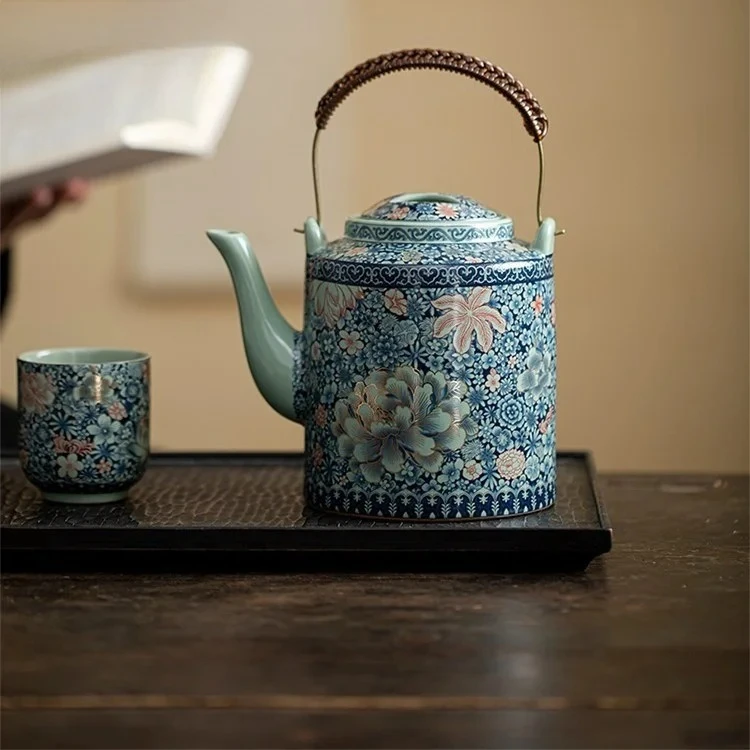 Ru Kiln Pinch Gold Flowering Like Brocade Lifting Beam Pot Kung Fu Large Capacity Old-fashioned Brewing Teapot Tea Kettle