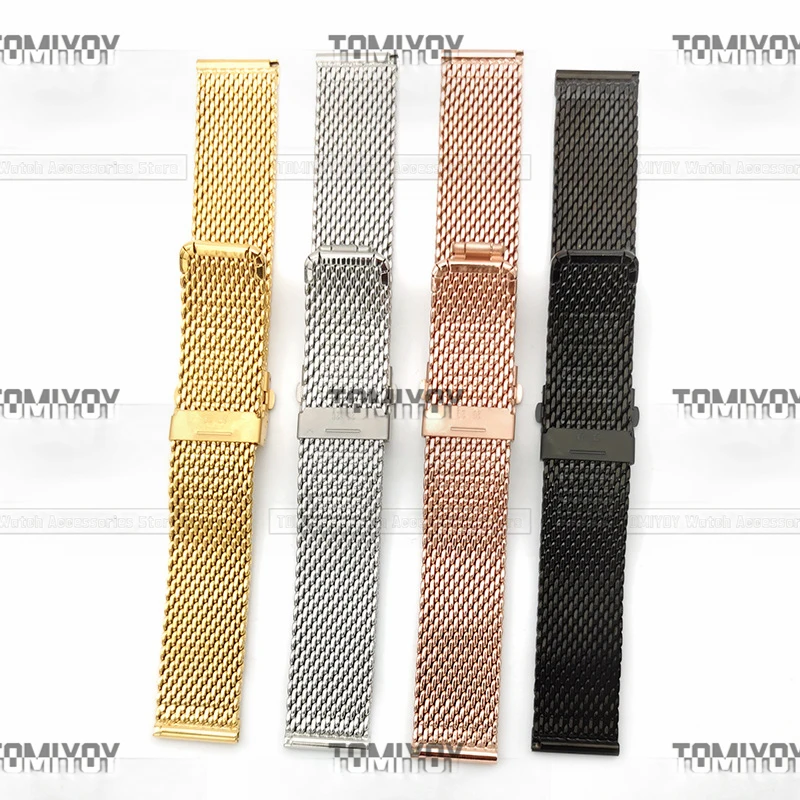 20 22MM Flat End Black Gold Rose Gold Silver Stainless Steel Adjustable Length Thickened 1.0MM Thread Woven Mesh Watch Band