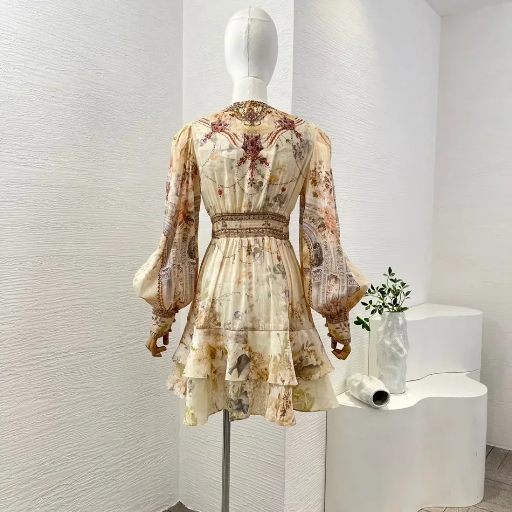 Women's 2024 High Quality Beige Floral Print Long Sleeve Lace Deep V Neck Ruched Diamonds Stretchable Waist At Back Mini Dress