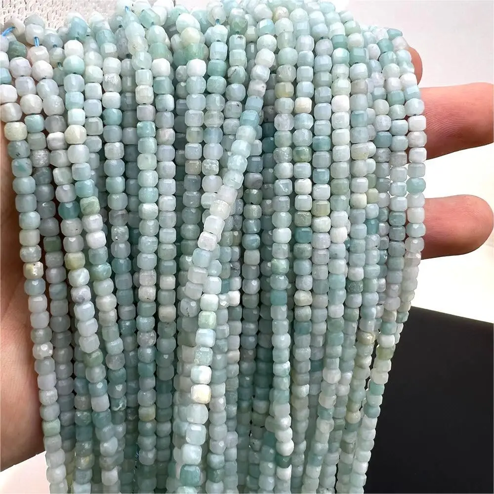 Natural Blue Amazonite Faceted Cube Cut Stone Loose Spacer Beads Strands Jewelry Making Accessories DIY Cylindrical Bead