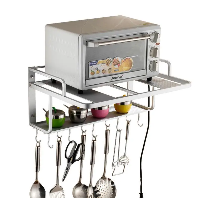 Kitchen Storage Rack Multi-Purpose Space Aluminum Double Layer Microwave Rack with Hook Wall
