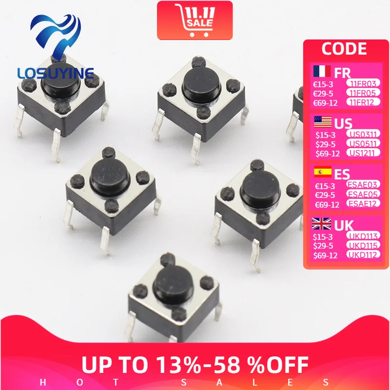 50pcs/lot 6x6x4.3MM 4PIN G89 Tactile Tact Push Button Micro Switch Direct Plug-in Self-reset DIP Top Copper