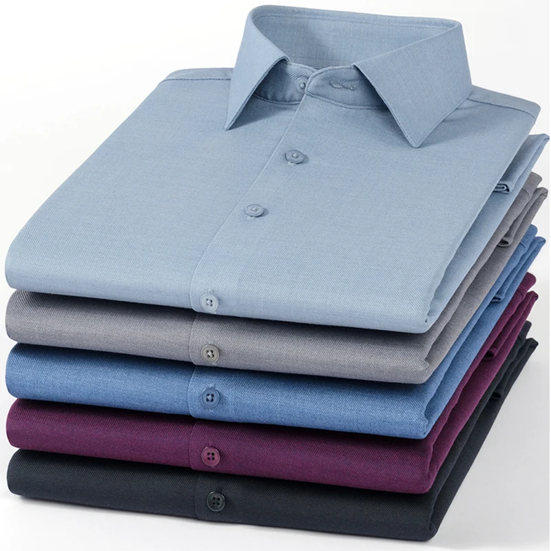 Men's Slim Fit Wool Long Sleeve Shirt High Quality Elastic Soft White Formal Top Designer Office Wear Black Clothes