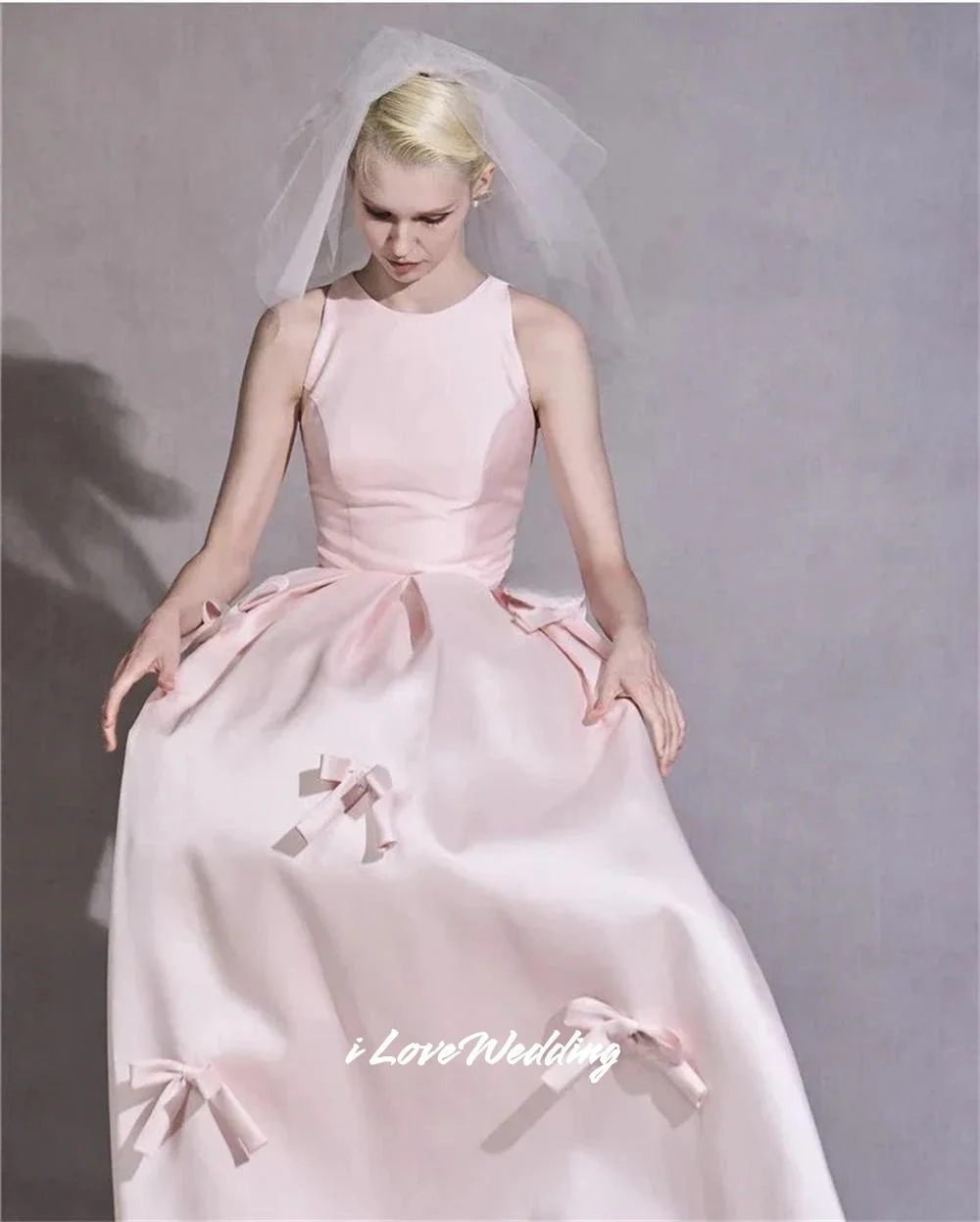 Roze O-hals Strikjes Galajurken Satijn Mouwloos A-lijn Rok Avondjurk Vloerlengte فستان • Daugة muna Op maat