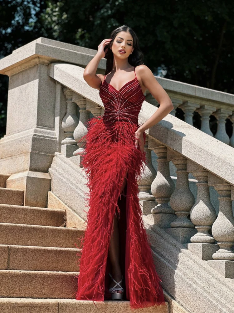 Spaghetti Strap Mermaid Evening Dress Luxury Feather Beading Deep V Neck Burgundy Shining Beading Formal Prom Gowns Long